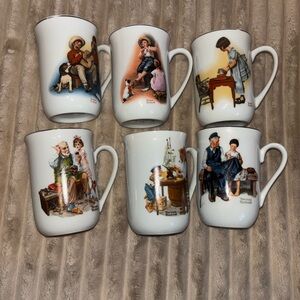 80s Set of six Ceramic Collectible Mugs featuring Norman Rockwell Illustrations